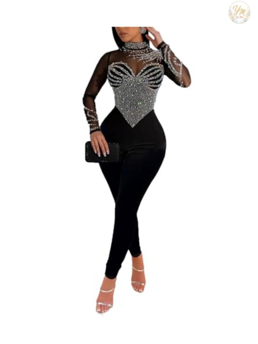 Rhinestone Mesh See Through Bodycon Jumpsuit Long Sleeve Party Club